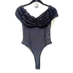 Kaylee Kollection Black Ruched Mesh Corset Bodysuit Romantic Goth Goddess L